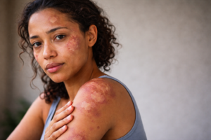 Mulher com manchas na pele de hanseníase