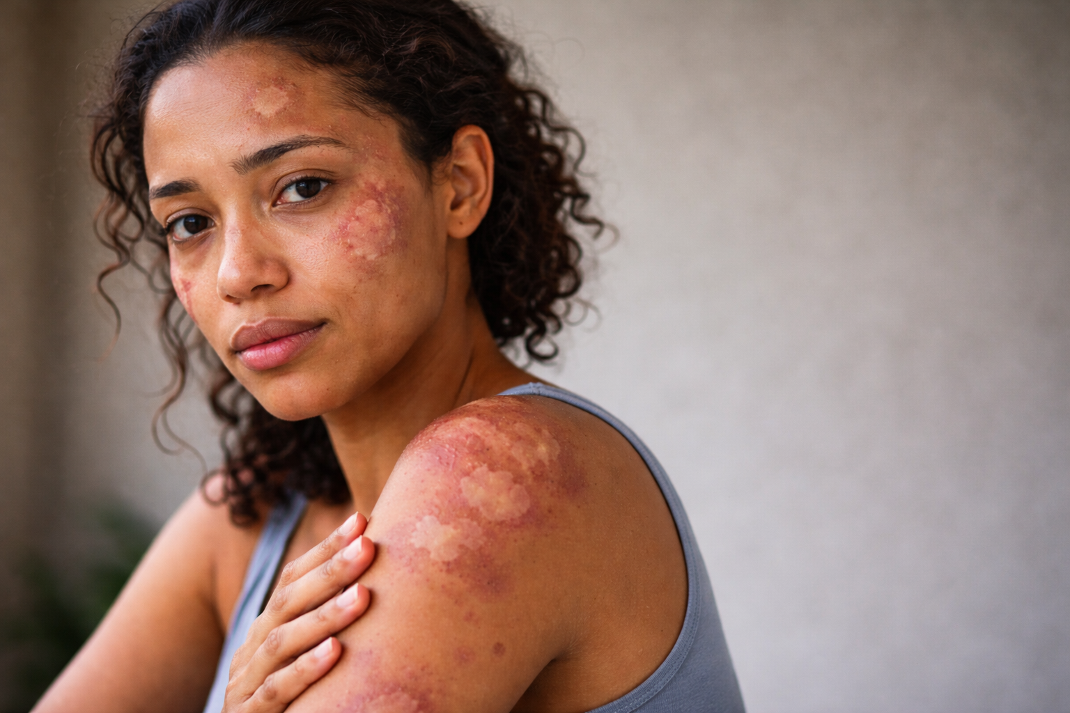 Mulher com manchas na pele de hanseníase
